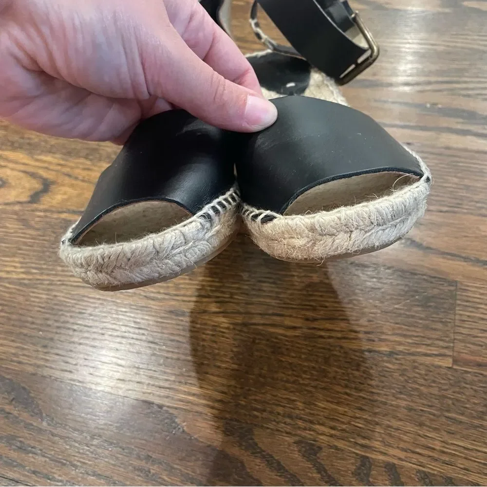 SOLUDOS Black Leather Espadrille Wedge Sandals